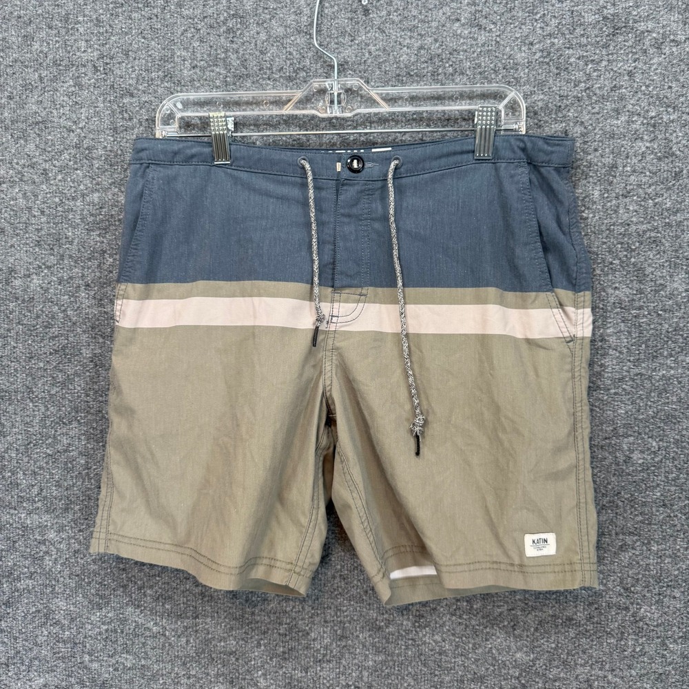 Katin Board Shorts Mens 31 Blue Olive Striped Surf Swim Trunks Beachwear Summer